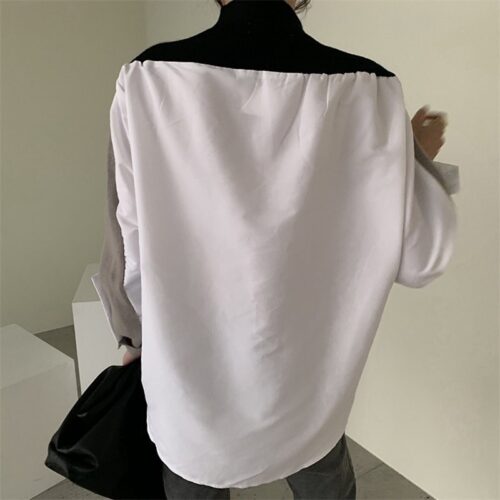 Spring / Autumn Korean V-Neck Long Sleeves Patchwork Hit Color Blouse - Image 2