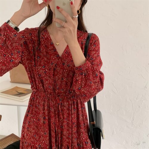 Autumn V-Neck Lantern Sleeves Waist-Controlled Floral Print Midi Dress - Image 6