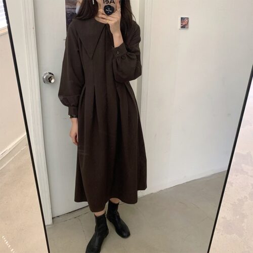 Big Lapel Collar Long Lantern Sleeves Solid Loose Midi Dress