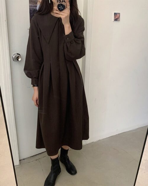 Big Lapel Collar Long Lantern Sleeves Solid Loose Midi Dress