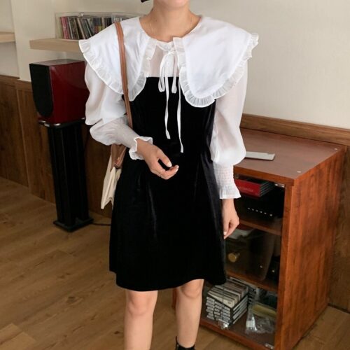Autumn / Winter Pilgrim Collar Long Sleeves Velvet Stitching Dress - Image 5