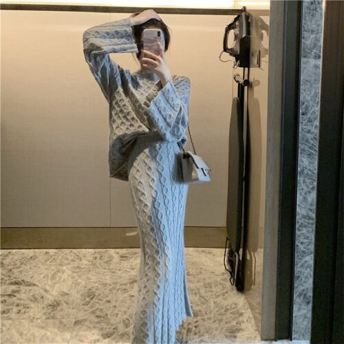 Autumn / Winter O-Neck Loose Grey Jumper and Knitted Maxi Skirt - Image 3