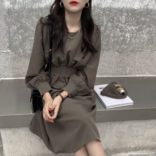 Autumn Korean O-Neck Long Sleeves Dark Solid Midi Dress - Image 5