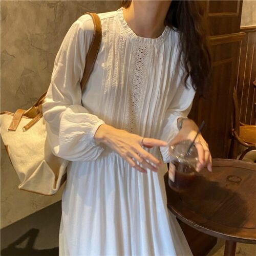 Autumn O-Neck Lantern Sleeves Loose Lace Solid Dress - Image 3