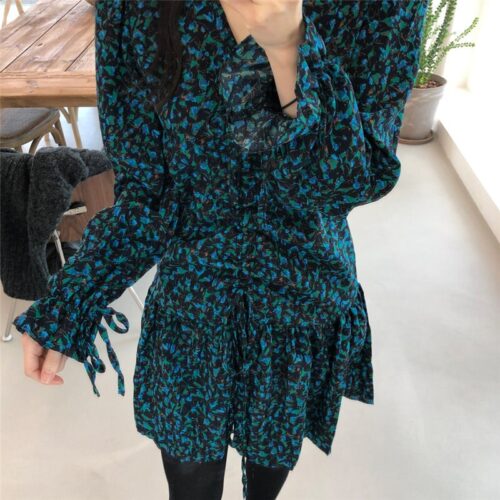 Autumn V-Neck Flare Sleeves Drawstrings Floral Print Mini Dress - Image 3