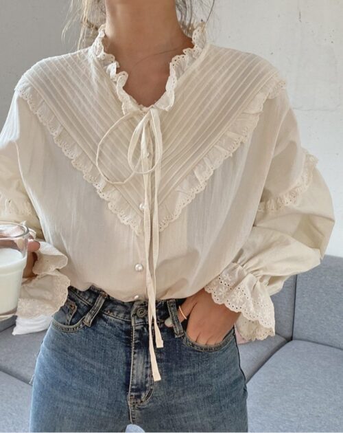V-Neck Long Sleeves Hollow Out Lace-Up Blouse