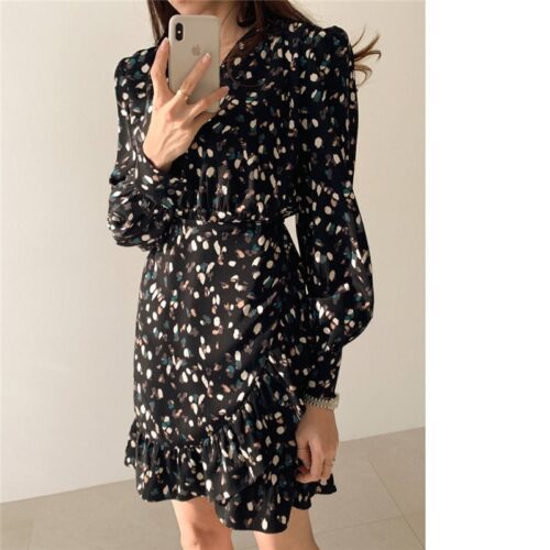 Autumn V-neck Long Sleeves Floral Print Flounced Mini Dress - Image 4