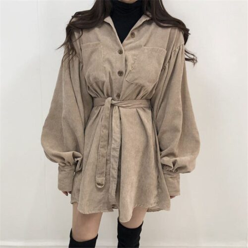 Autumn / Winter Turn-Down Collar Long Sleeves Corduroy Solid Mini Dress - Image 6