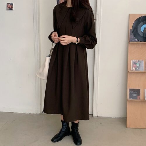 Autumn Big Lapel Collar Long Lantern Sleeves Solid Loose Midi Dress - Image 2
