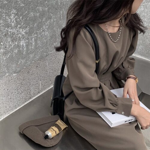 Autumn Korean O-Neck Long Sleeves Dark Solid Midi Dress - Image 4
