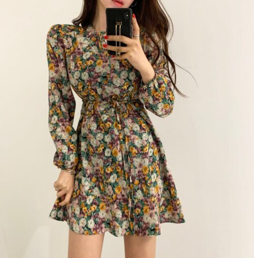 Spring Korean O-Neck Long Sleeves Floral Print Lace-Up Slim Mini Dress - Image 6