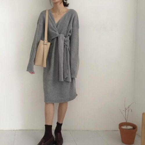 Winter Korean V-Neck Long Sleeves Knitted Dress - Image 5