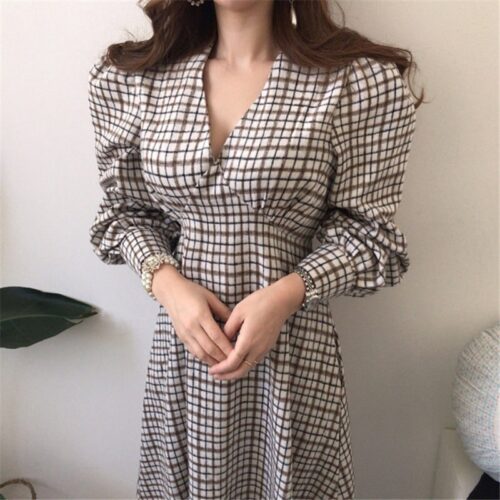 Autumn V-Neck Puff Sleeves Slim Plaid Midi Dress - Image 2