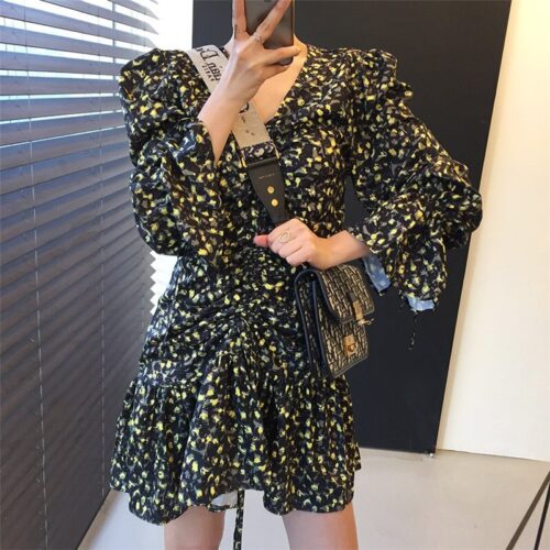 Autumn V-Neck Flare Sleeves Drawstrings Floral Print Mini Dress - Image 2