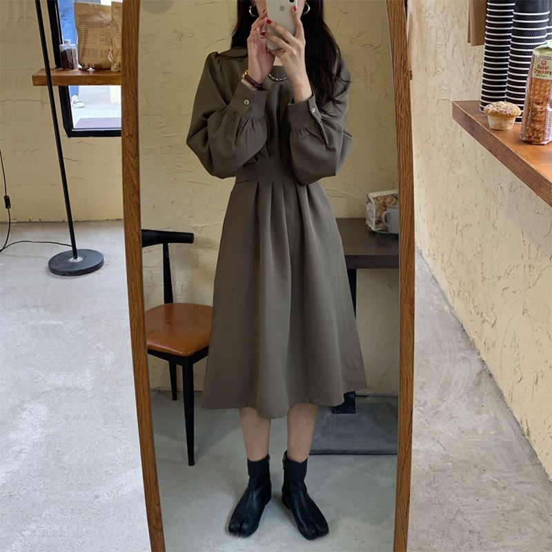 Autumn Korean O-Neck Long Sleeves Dark Solid Midi Dress – Snazzyholic