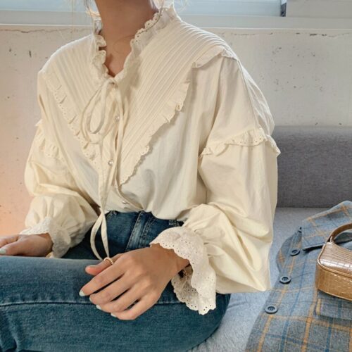 Spring / Autumn Korean V-Neck Long Sleeves Hollow Out Lace-Up Blouse - Image 5