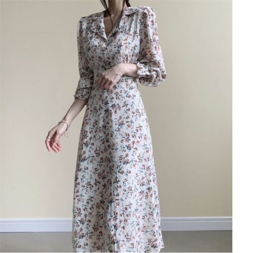 Autumn Notched Collar Long Sleeves Waist-Controlled Floral Print Midi Dress - Image 3