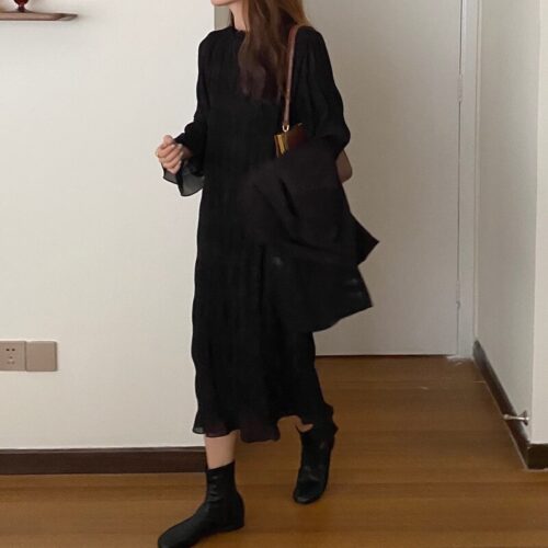 Autumn Korean O-Neck Flare Long Sleeves Chiffon Pleated Midi Dress - Image 5