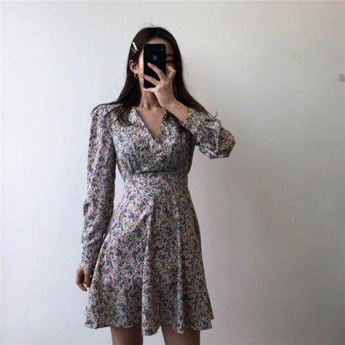 Autumn V-Neck Long Sleeves Floral Print Mini Dress - Image 2