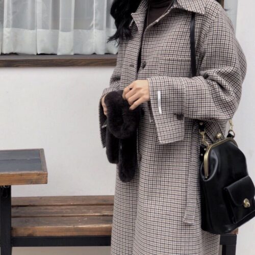 Winter Notched Collar Pockets Buttons Houndstooth Woolen Overcoat - Image 4