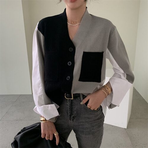 V-Neck Long Sleeves Patchwork Hit Color Blouse