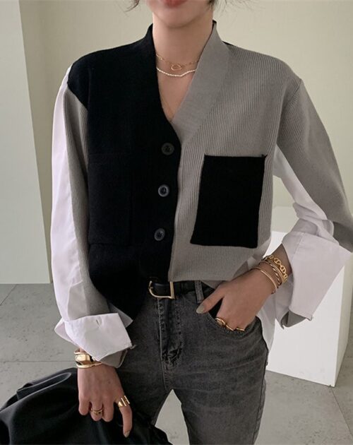 V-Neck Long Sleeves Patchwork Hit Color Blouse