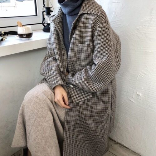 Winter Notched Collar Pockets Buttons Houndstooth Woolen Overcoat - Image 6