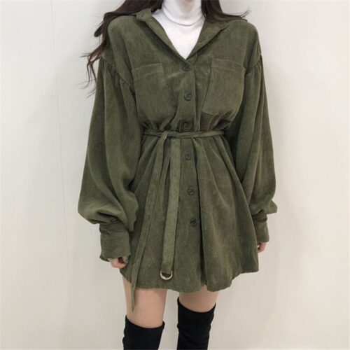 Autumn / Winter Turn-Down Collar Long Sleeves Corduroy Solid Mini Dress - Image 5