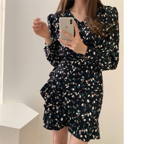 Autumn V-neck Long Sleeves Floral Print Flounced Mini Dress - Image 2