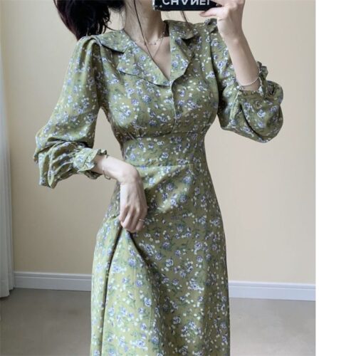 Autumn Notched Collar Long Sleeves Waist-Controlled Floral Print Midi Dress - Image 5