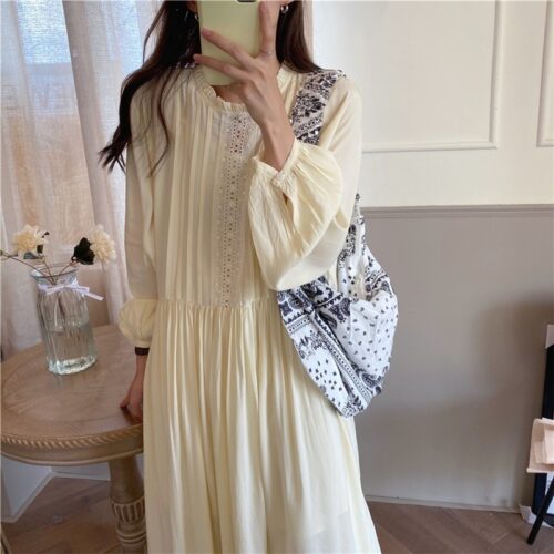 O-Neck Lantern Sleeves Loose Lace Solid Dress