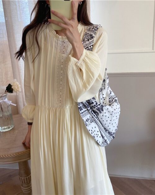 O-Neck Lantern Sleeves Loose Lace Solid Dress