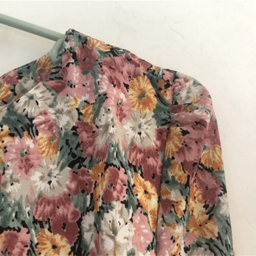 Spring Korean O-Neck Long Sleeves Floral Print Lace-Up Slim Mini Dress - Image 3