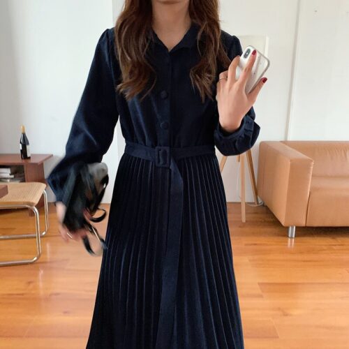 Autumn Turn-Down Collar Long Sleeves Pleated Solid Midi Dress - Image 6