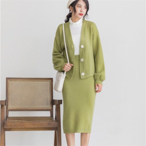 V-Neck Cardigan and Solid Midi Pencil Skirt