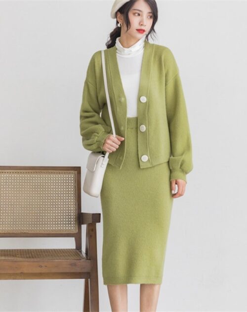 V-Neck Cardigan and Solid Midi Pencil Skirt