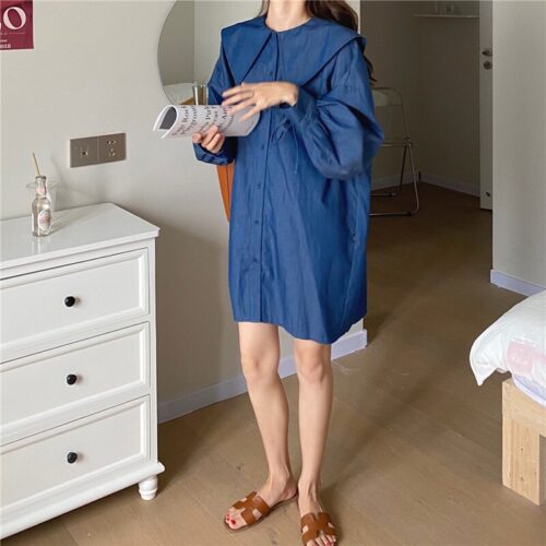 Autumn Korean Big Lapel Collar Long Sleeves Drawstrings Solid Mini Dress - Image 4