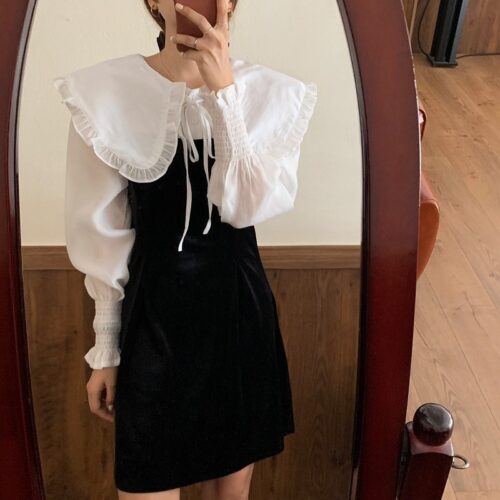 Pilgrim Collar Long Sleeves Velvet Stitching Dress