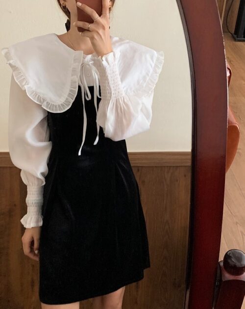 Pilgrim Collar Long Sleeves Velvet Stitching Dress