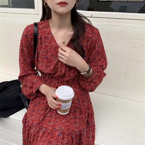 Autumn V-Neck Lantern Sleeves Waist-Controlled Floral Print Midi Dress - Image 7