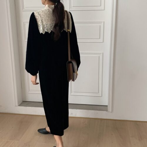 Autumn / Winter Korean O-Neck Long Sleeves Lace Patchwork Midi Dress - Image 2
