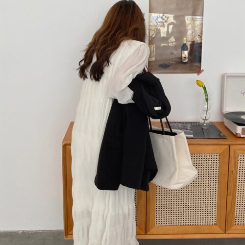 Autumn Korean O-Neck Flare Long Sleeves Chiffon Pleated Midi Dress - Image 6