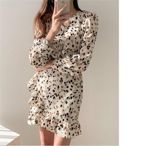 Autumn V-neck Long Sleeves Floral Print Flounced Mini Dress - Image 3
