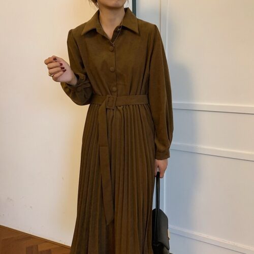Autumn Turn-Down Collar Long Sleeves Pleated Solid Midi Dress - Image 9