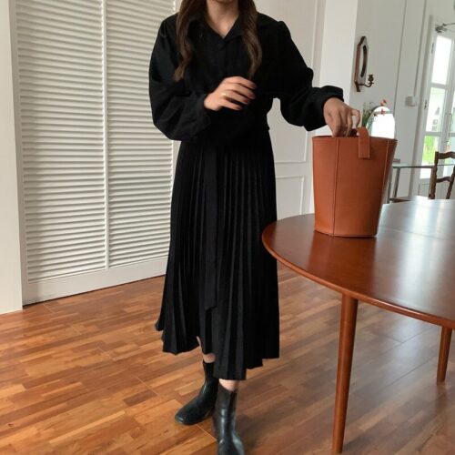 Autumn Turn-Down Collar Long Sleeves Pleated Solid Midi Dress - Image 8