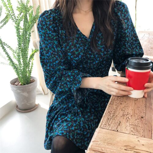 Autumn V-Neck Flare Sleeves Drawstrings Floral Print Mini Dress - Image 4