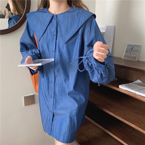 Autumn Korean Big Lapel Collar Long Sleeves Drawstrings Solid Mini Dress - Image 2
