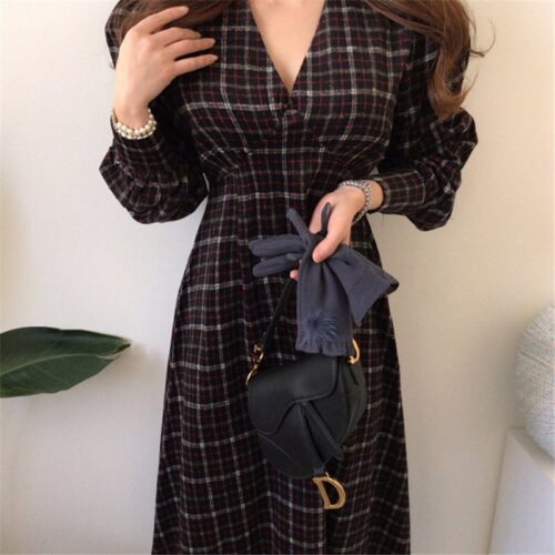Autumn V-Neck Puff Sleeves Slim Plaid Midi Dress - Image 4