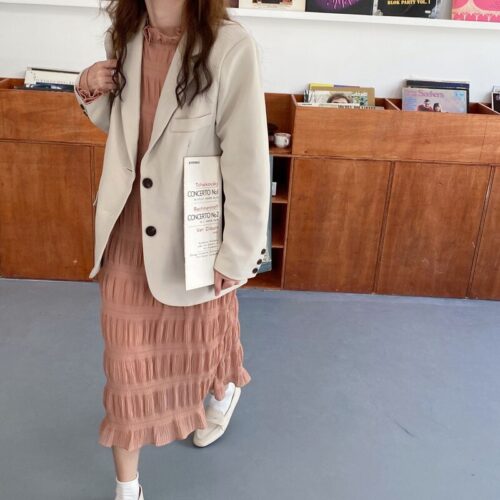 Autumn Korean O-Neck Flare Long Sleeves Chiffon Pleated Midi Dress - Image 4