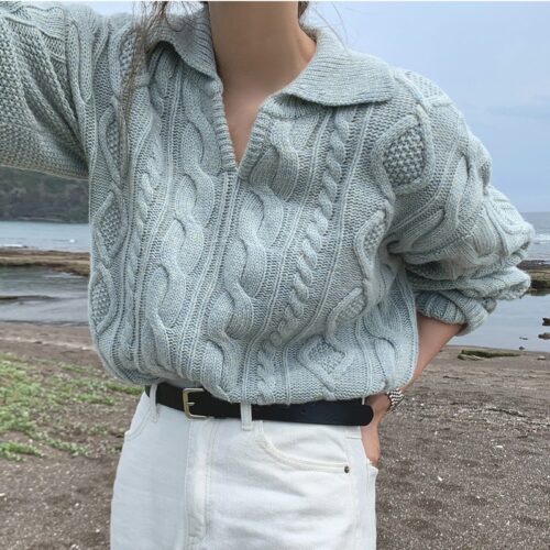 Winter Turn-down Collar Solid Twist Sweater